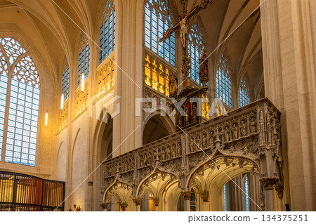 Gothic rood screen and crucifix inside Saint Peters Church in Leuven 134375251