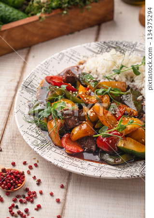 Thai style meat with rice plate Thai style meat with rice plate 134375294