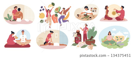 Alternative medicine. People practice non standard methods of treatment, homeopathy, raw food diet, green pharmacy, yoga, healthcare and wellness, cartoon flat isolated garish vector set 134375451