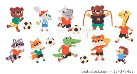 Animals soccer players. Cartoon funny fauna characters wearing sports uniform kick ball, football game, cute athletes on championship, bear goalkeeper or crocodile forward garish vector set Animals soccer players. Cartoon funny fauna characters wearing sports uniform kick ball, football game, cute athletes on championship, bear goalkeeper or crocodile forward garish vector set 134375452