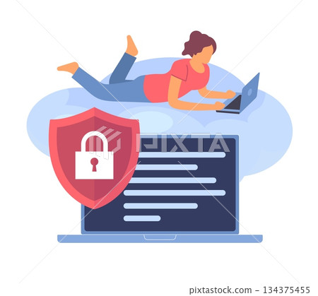 Backup protection. Cloud storage of data and files, woman using laptop in cloud workspace, privacy protection, remote access, safe digital file storage vector cartoon isolated illustration Backup protection. Cloud storage of data and files, woman using laptop in cloud workspace, privacy protection, remote access, safe digital file storage vector cartoon isolated illustration 134375455