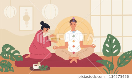 Balancing chakras process. Ancient alternative medicine, meditation to sound of singing bowl, yoga practice, man in lotus position, mental health therapy, garish vector cartoon flat concept 134375456