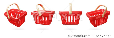 Cartoon 3d shopping cart. Red supermarket plastic baskets with handles, grocery delivery, empty buckets in different angles, box container for shop, render glossy isolated classy vector set 134375458