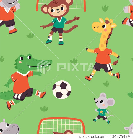 Cartoon animals playing soccer seamless pattern. Repeated funny football players, cute fauna characters kick ball. Decor textile, wrapping paper, wallpaper garish vector background Cartoon animals playing soccer seamless pattern. Repeated funny football players, cute fauna characters kick ball. Decor textile, wrapping paper, wallpaper garish vector background 134375459