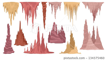 Cartoon limestones. Cave stalactite and stalagmites formations, underground mineral deposits, volcanic cavern rocks, stone mountain inside, geology elements, qualitative vector isolated set Cartoon limestones. Cave stalactite and stalagmites formations, underground mineral deposits, volcanic cavern rocks, stone mountain inside, geology elements, qualitative vector isolated set 134375460