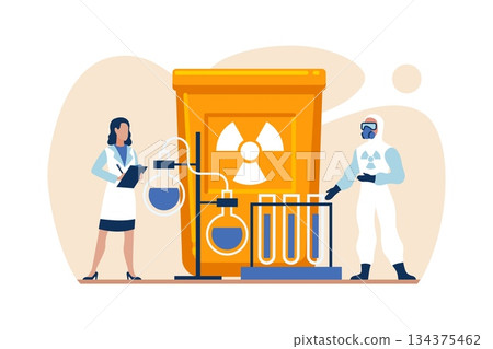 Chemical waste disposal. Safe radioactive materials, Scientists manage waste in hazard container, environmental safety, industrial compliance, risk reduction vector cartoon isolated concept 134375462