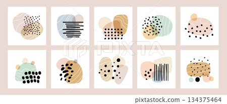 Contemporary abstract shapes. Hand drawn creative collages, irregular smooth organic forms, drops, curves and spots minimal compositions, decorative square posters design garish vector set Contemporary abstract shapes. Hand drawn creative collages, irregular smooth organic forms, drops, curves and spots minimal compositions, decorative square posters design garish vector set 134375464