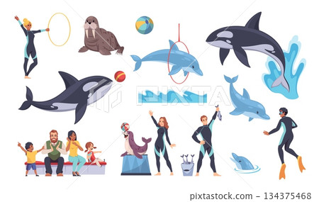 Dolphinarium elements. Funny marine animals and people, visitors and trainers, killer whales, walrus, seal for performances, mammal jump, play with hoop and ball cartoon flat tidy vector set 134375468