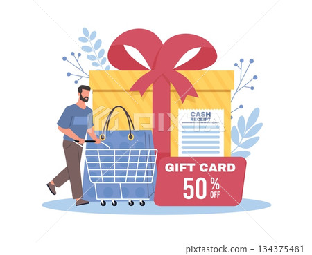 Gift discount shopping. Happy man with cart, favorable prices and sales in store, promotion advertising for customers, buying for holidays, cartoon flat style isolated vector concept 134375481