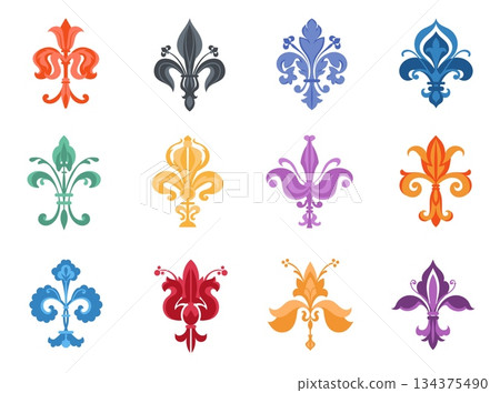 Heraldic lily. Medieval decorations, fleur de lis, antique french emblem, flower colorful ornament, middle age royal symbol, power, honor symbol, logo and badge graphic, splendid vector set 134375490