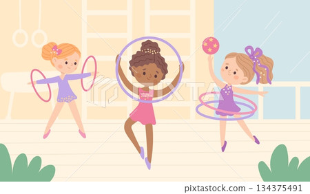 Little gymnasts girls train. Kids rhythmic gymnasts workout, cute young athletes with hoops and ball, childish sport, competition performance cartoon flat isolated garish vector concept 134375491