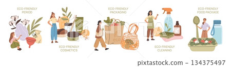 Natural product choice people. Eco friendly lifestyle, reusable and recyclable, conscious consumption, environment care, bio food package and cosmetics, garish vector cartoon isolated set Natural product choice people. Eco friendly lifestyle, reusable and recyclable, conscious consumption, environment care, bio food package and cosmetics, garish vector cartoon isolated set 134375497