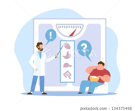 Nutritionist consultation and diagnostics. Fat overweight man at doctor appointment, medical diet planning, weight control, obesity prevention, cartoon flat style vector health care concept Nutritionist consultation and diagnostics. Fat overweight man at doctor appointment, medical diet planning, weight control, obesity prevention, cartoon flat style vector health care concept 134375498