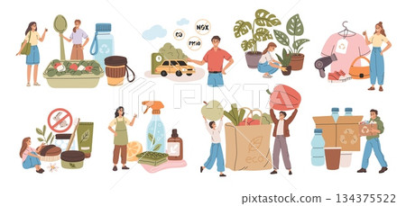 People choosing waste free products. Reusable packaging, electric transport, environment care, conscious consumption, eco friendly life, cartoon flat style isolated garish vector set 134375522