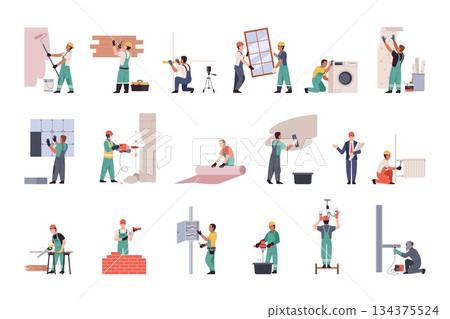 Professional construction repair man. Home renovation, people in uniform and helmets, workers in overalls, being laid, repaired and installed, build and paint tidy vector cartoon flat set 134375524