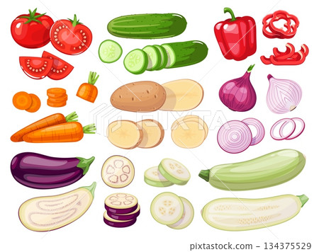 Sliced vegetables. Whole and cut tomato, cucumber and potato, pepper and eggplant, farm natural products, organic food, salad ingredients cartoon flat style isolated classy vector set 134375529