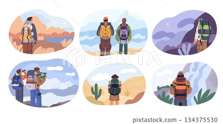Travelers enjoying view. Hikers with satchels on their backs admire scenery, natural landscapes, people adventure in mountains, desert and seaside, cartoon isolated scenes garish vector set Travelers enjoying view. Hikers with satchels on their backs admire scenery, natural landscapes, people adventure in mountains, desert and seaside, cartoon isolated scenes garish vector set 134375530