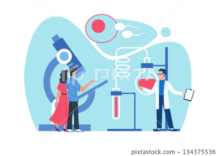 Artificial insemination. Tiny people with microscope and test tubes, gynecology doctor, In vitro fertilization, reproductive health diagnostic cartoon flat style isolated vector concept 134375536