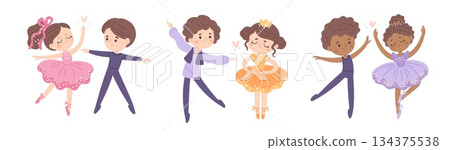Cartoon dance kids couples. Young ballet dancers characters, cute boys and girls in stage costumes, classical choreographic poses, childish performance, garish vector isolated set 134375538