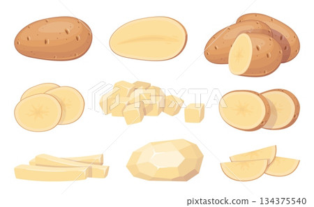 Cartoon potato slices. Raw whole, half and cut vegetable with and without peel, french fries, chips workpieces, stripes and cubes pieces, cooking ingredient, harvest food, classy vector set 134375540