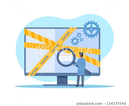 Computer forensics. Recover deleted evidence files, confidential information and content on computer, programmer worker or hacker, secret documents, cartoon flat isolated vector concept 134375543
