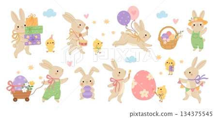 Cute easter rabbits. Holiday funny characters, hares and chickens with painted eggs, bunny hold gifts, basket, little gentle baby bunnies, spring season, garish vector cartoon isolated set Cute easter rabbits. Holiday funny characters, hares and chickens with painted eggs, bunny hold gifts, basket, little gentle baby bunnies, spring season, garish vector cartoon isolated set 134375545