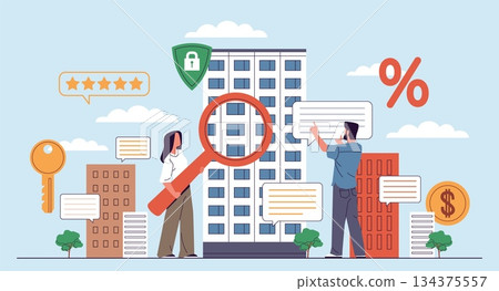 House purchase. Search for own accommodation, viewing and choosing houses and apartments, real estate, mortgage payment, buying property process, nowaday vector cartoon isolated concept 134375557