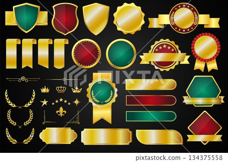 Luxury golden blank labels. Different shapes premium badges and stickers, vintage design elements, Premium limited tags, crowns and tapes, empty ribbons and stamps, qualitative vector set 134375558