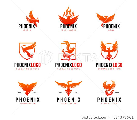 Phoenix silhouette emblems. Burning mythical creature, bird logo and labels templates, stylized graphic element, rebirth symbol, business logotype, identity element, tidy vector set Phoenix silhouette emblems. Burning mythical creature, bird logo and labels templates, stylized graphic element, rebirth symbol, business logotype, identity element, tidy vector set 134375561