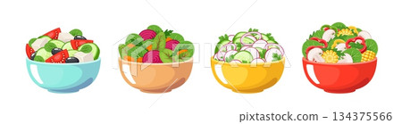 Vegetables salads. Different herbal ingredients, healthy raw food, sliced tomatoes, beets and radishes, tasty and fresh. Lunch and dinner menu classy vector cartoon flat isolated set 134375566