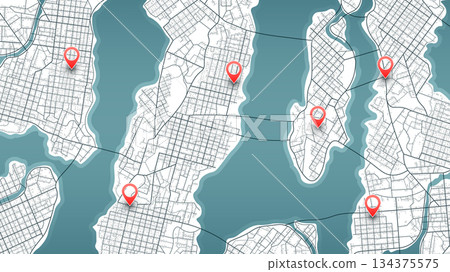 Huge scheme of city with poi. Abstract navigation plan of urban area. Generic city map with signs of streets, roads, house. Colored flat, editable vector illustration 134375575