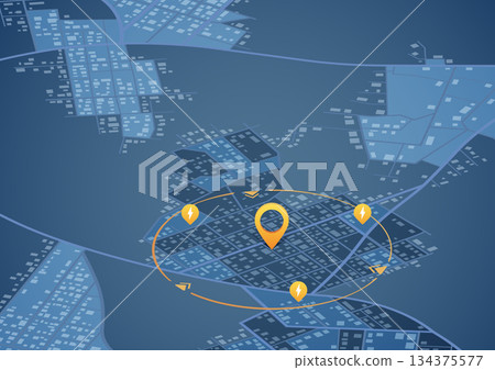Electric power network map with lightning bolt markers and circular interface. Vector illustration. 134375577