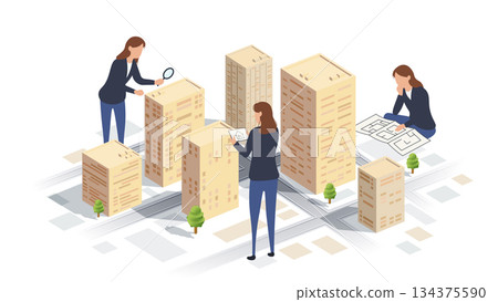 Female Architects and Realtors Working in an Isometric City. Real estate search and property analysis on city map. Concept of construction, investment. Isometric Vector illustration Female Architects and Realtors Working in an Isometric City. Real estate search and property analysis on city map. Concept of construction, investment. Isometric Vector illustration 134375590