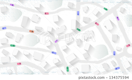 City map displays colorful vehicles navigating through residential streets and soft building shadows against minimalist white background. Vector illustration 134375594