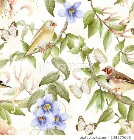 Spring garden flowers with birds and butterflies watercolor seamless pattern on white. Blooming honeysuckle, purple Thunbergia and finch songbirds on vine blossom repeat background. Climbing plant Spring garden flowers with birds and butterflies watercolor seamless pattern on white. Blooming honeysuckle, purple Thunbergia and finch songbirds on vine blossom repeat background. Climbing plant 134375608