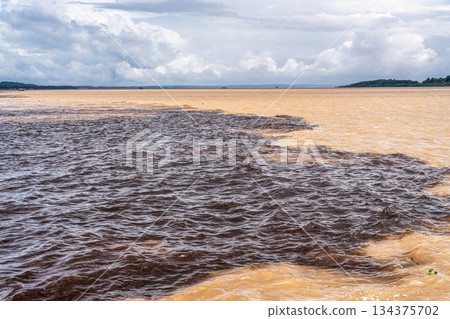 Meeting of the waters of the Negro and Solimoes rivers in the city of Manaus in Amazonia, Brazil Meeting of the waters of the Negro and Solimoes rivers in the city of Manaus in Amazonia, Brazil 134375702