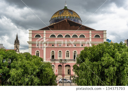 Facade of the imposing Amazonas Theater in the city of Manaus in Brazil. Symbol of the golden period of rubber in Brazil Facade of the imposing Amazonas Theater in the city of Manaus in Brazil. Symbol of the golden period of rubber in Brazil 134375703