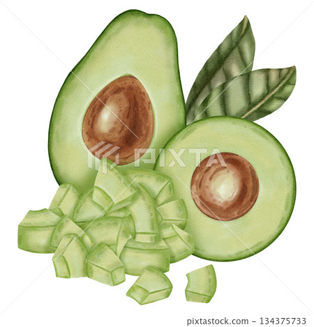 A hand-drawn watercolor illustration of an avocado composition with slices and leaves. Suitable for stores, cafes, packaging, menus, and products related to cooking, skincare, and health. 134375733
