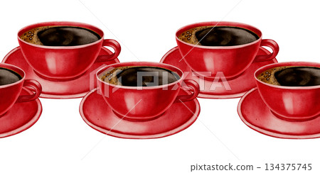 A seamless hand-painted watercolor frame featuring classic coffee cups. Perfect for coffee shops, menu dividers, packaging, and in-store design. 134375745