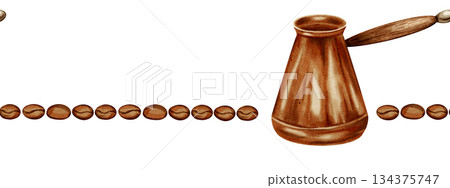Hand-painted watercolor seamless border with a classic copper Turk (cezve) and a line of coffee beans. Suitable for traditional cafes, menu, packaging, and store decor 134375747