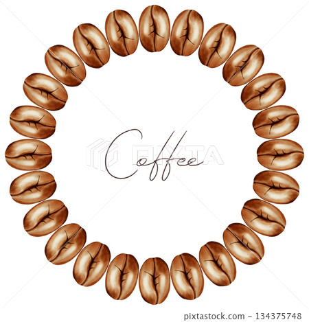 Hand painted Watercolor illustration coffee bean wreath illustration, perfect for coffee shops, cafes, menu design, packaging, and store decoration. 134375748