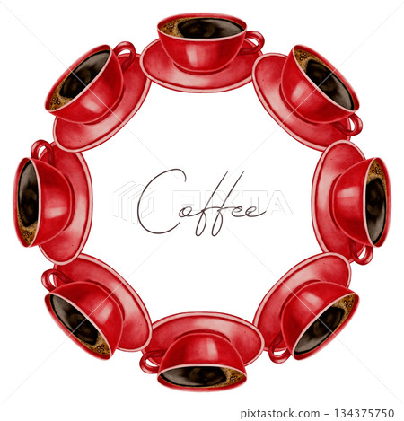 Hand-painted watercolor wreath of coffee cups, ideal for cafe branding, store displays, menu templates, and coffee packaging. 134375750