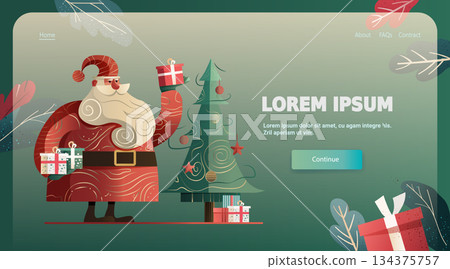 Santa Christmas celebration festive gifts decorated tree holiday scene modern website interface template green background presents foliage Santa Christmas celebration festive gifts decorated tree holiday scene modern website interface template green background presents foliage 134375757