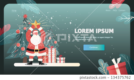 Santa Christmas celebration festive tree gifts snow holiday scene with Santa holding a star near decorated tree and presents website landing page Santa Christmas celebration festive tree gifts snow holiday scene with Santa holding a star near decorated tree and presents website landing page 134375762