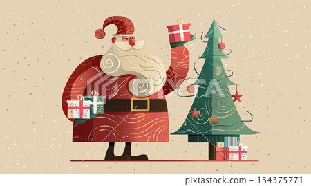 Santa Claus Christmas celebration holding gifts decorated tree snow background festive scene modern flat design 134375771