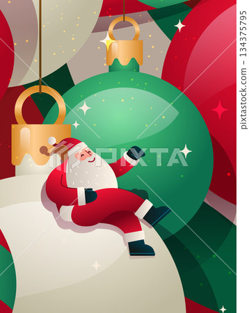 Santa Christmas celebration festive scene with Santa Claus relaxing on large colorful ornaments surrounded by sparkling decorations holiday background 134375795