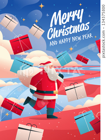 Santa Merry Christmas New Year 2026 gifts celebration winter landscape cartoon Santa Claus running with presents snow clouds festive background Santa Merry Christmas New Year 2026 gifts celebration winter landscape cartoon Santa Claus running with presents snow clouds festive background 134375800