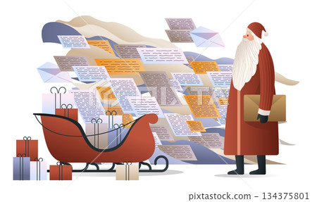 Santa Christmas letters gifts sleigh holiday mail festive scene with envelopes flying Santa holding package presents modern flat background Santa Christmas letters gifts sleigh holiday mail festive scene with envelopes flying Santa holding package presents modern flat background 134375801
