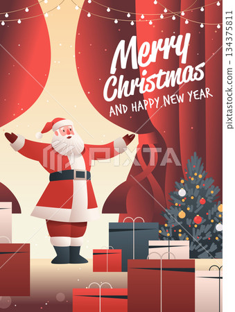 Santa Christmas celebration festive gifts tree stage red curtains holiday lights snow presents winter scene modern design 134375811
