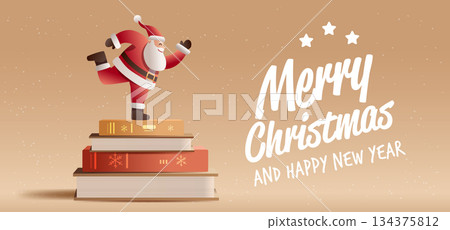 Santa Christmas holiday celebration festive scene with Santa Claus joyfully balancing on stacked books snowflakes brown background website banner Santa Christmas holiday celebration festive scene with Santa Claus joyfully balancing on stacked books snowflakes brown background website banner 134375812